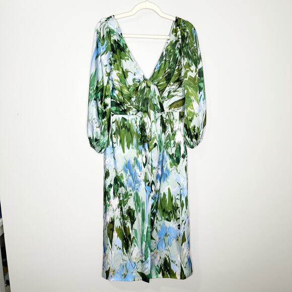 ML Monique Lhuillier Womens Dress Midi Bow-Embellished Printed Satin-Twill 12 - Picture 2 of 8